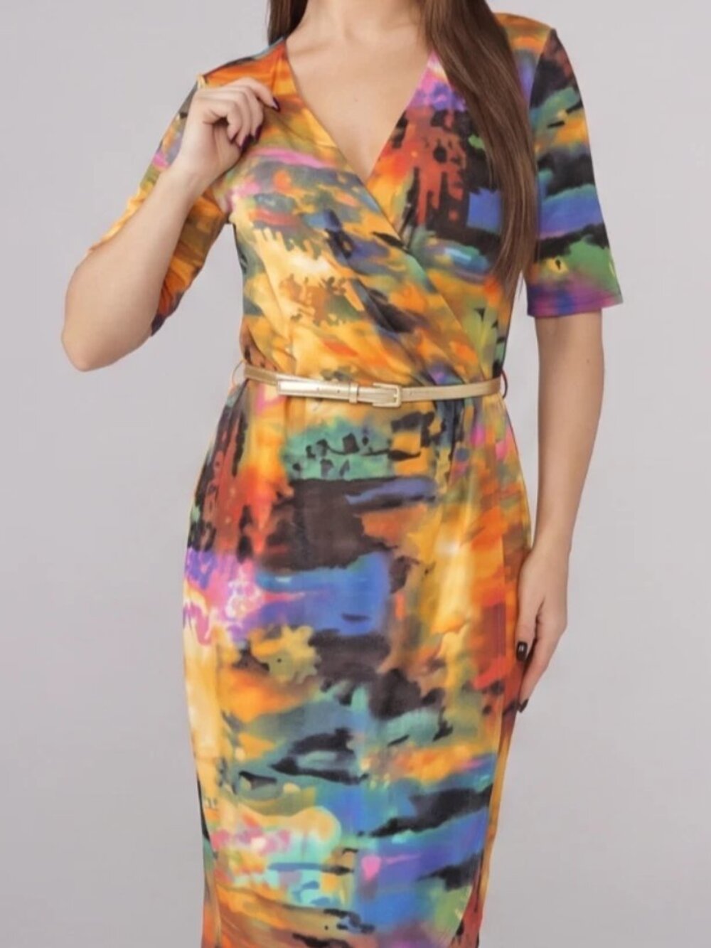 Lennie For Nina Leonard Tie-dyed belted Dress Multicolor Sz XL 3/4 sleeve